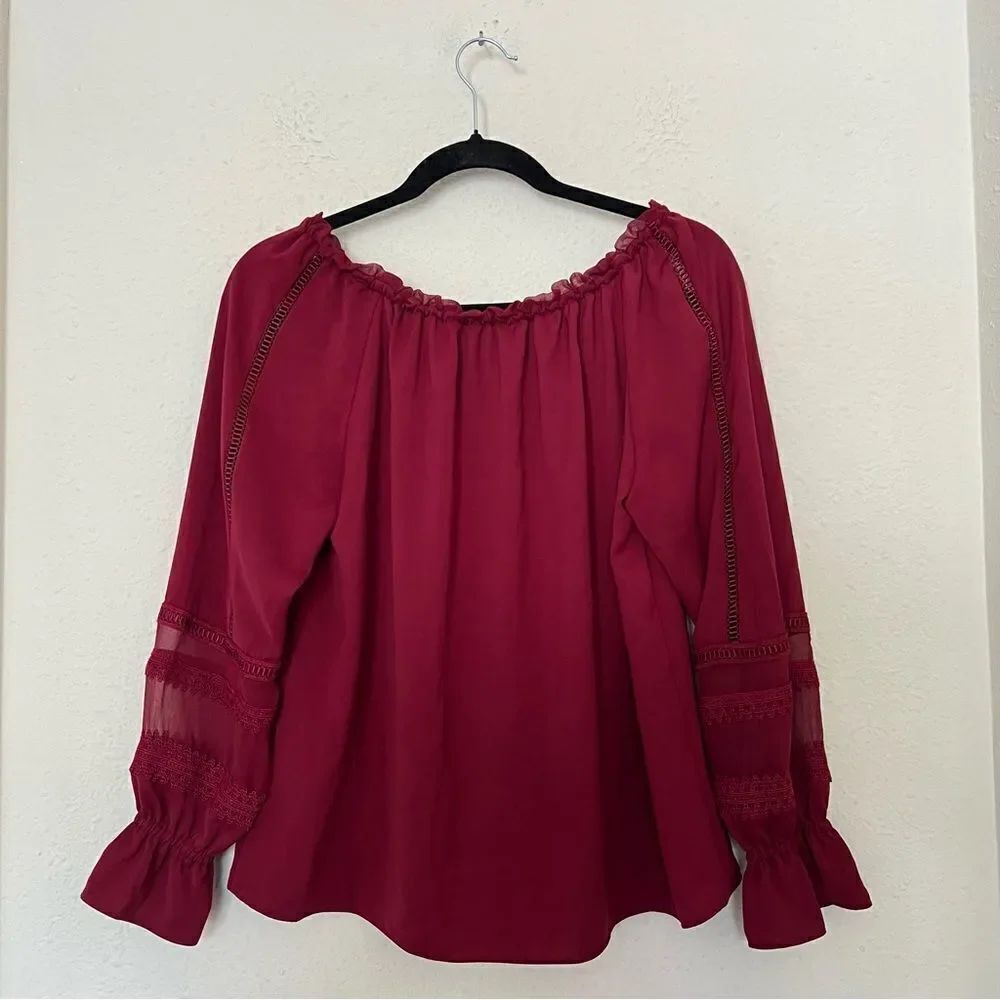 Ramy Brook Thea Off the Shoulder Long Sleeve Chiffon Blouse Top in Burgundy XS - Picture 7 of 8